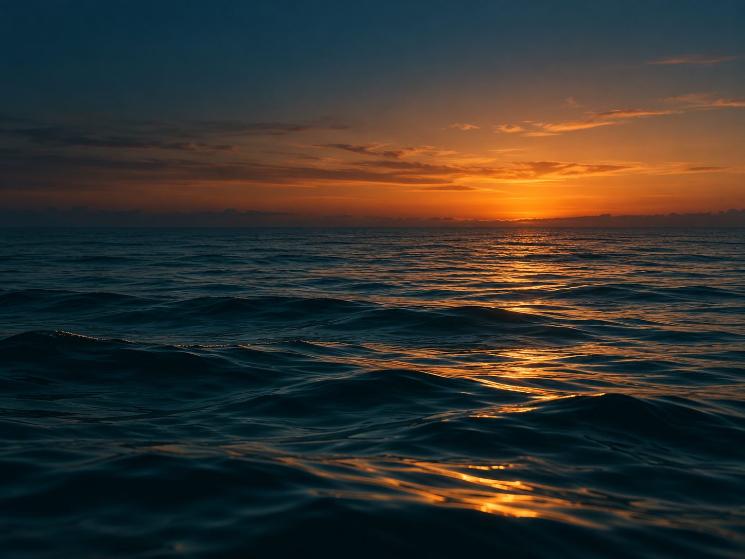 Calm sea at dusk with the sun on the horizon